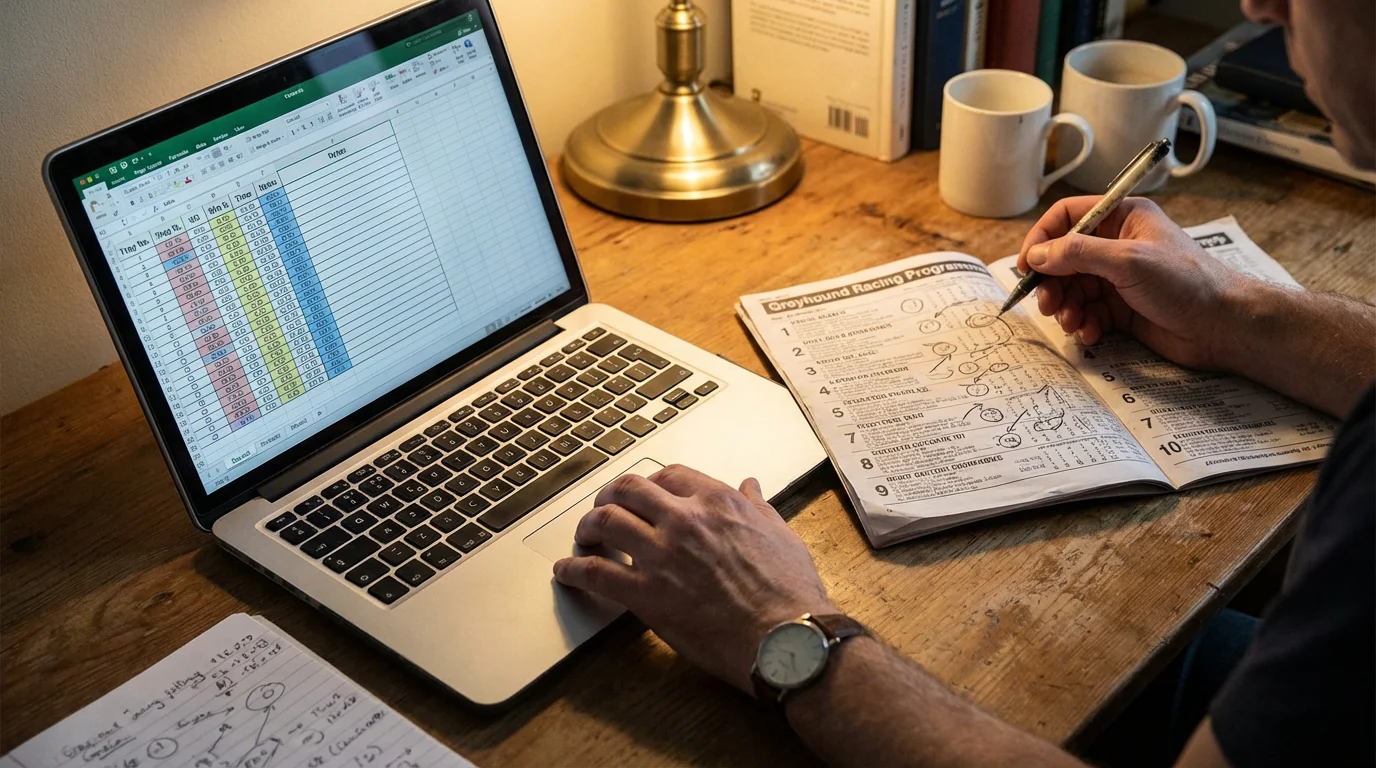 Punter studying greyhound form data on a laptop with a UK track programme nearby