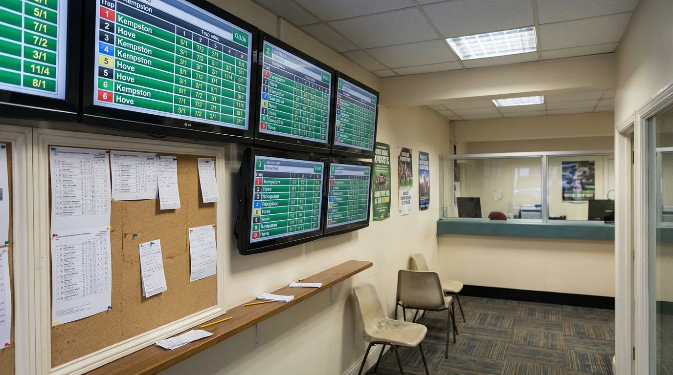 Odds board displaying greyhound race prices at a UK betting shop