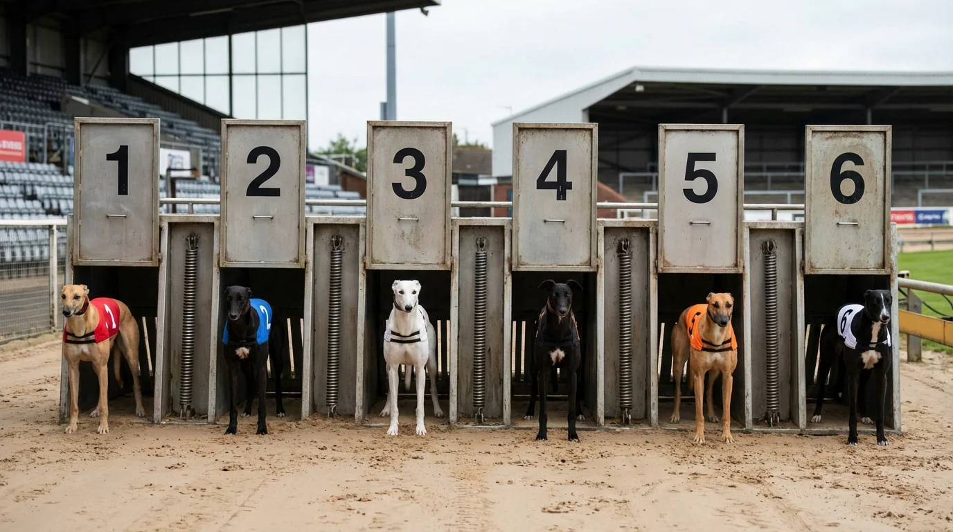Six greyhound traps with colour-coded blankets at a UK racing stadium