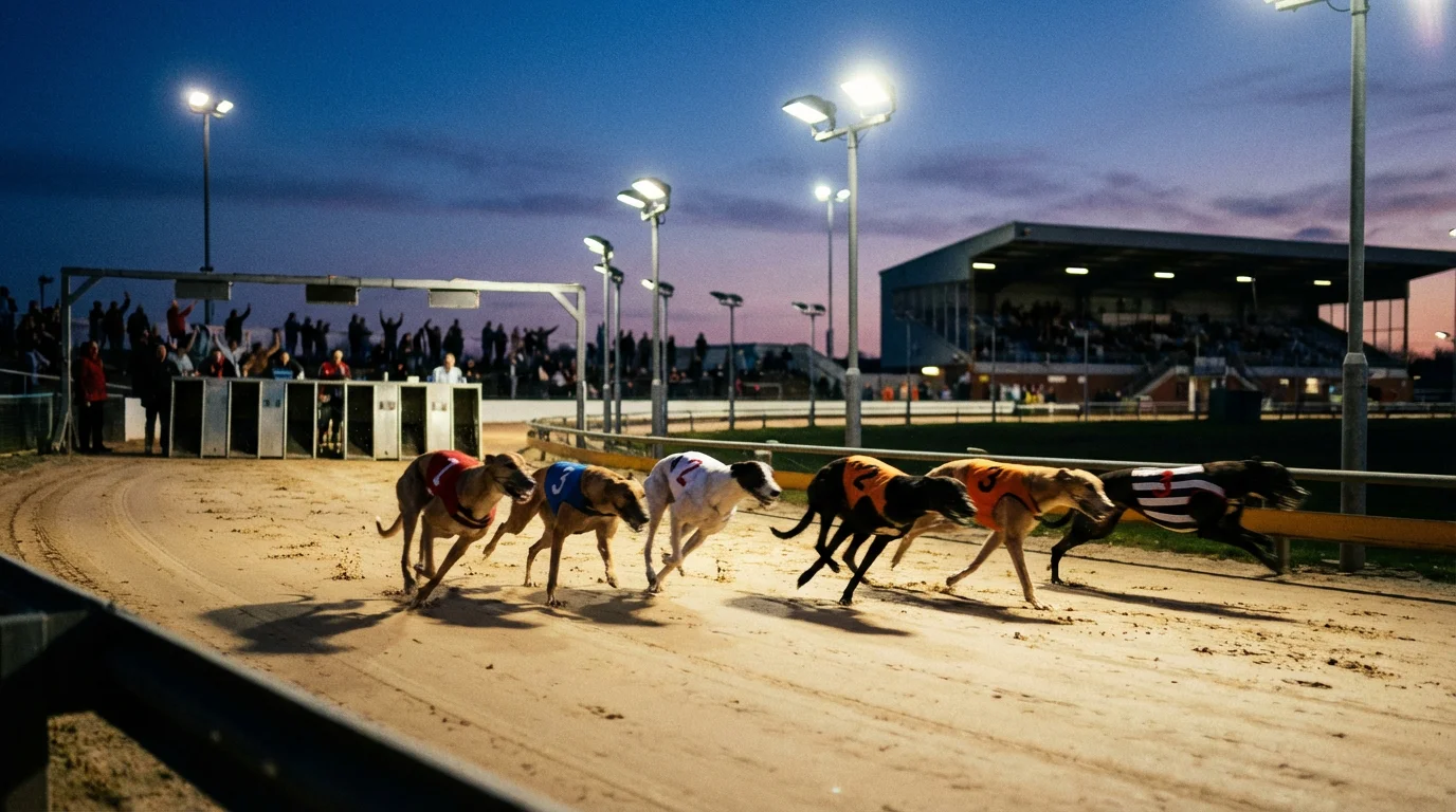 Greyhound racing action at a UK stadium under floodlights